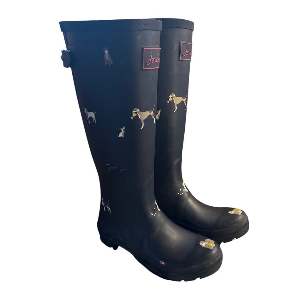 US-6 Joules Printed Navy Adjustable Tall Waterproof Wellies Rain Boot Welly Navy